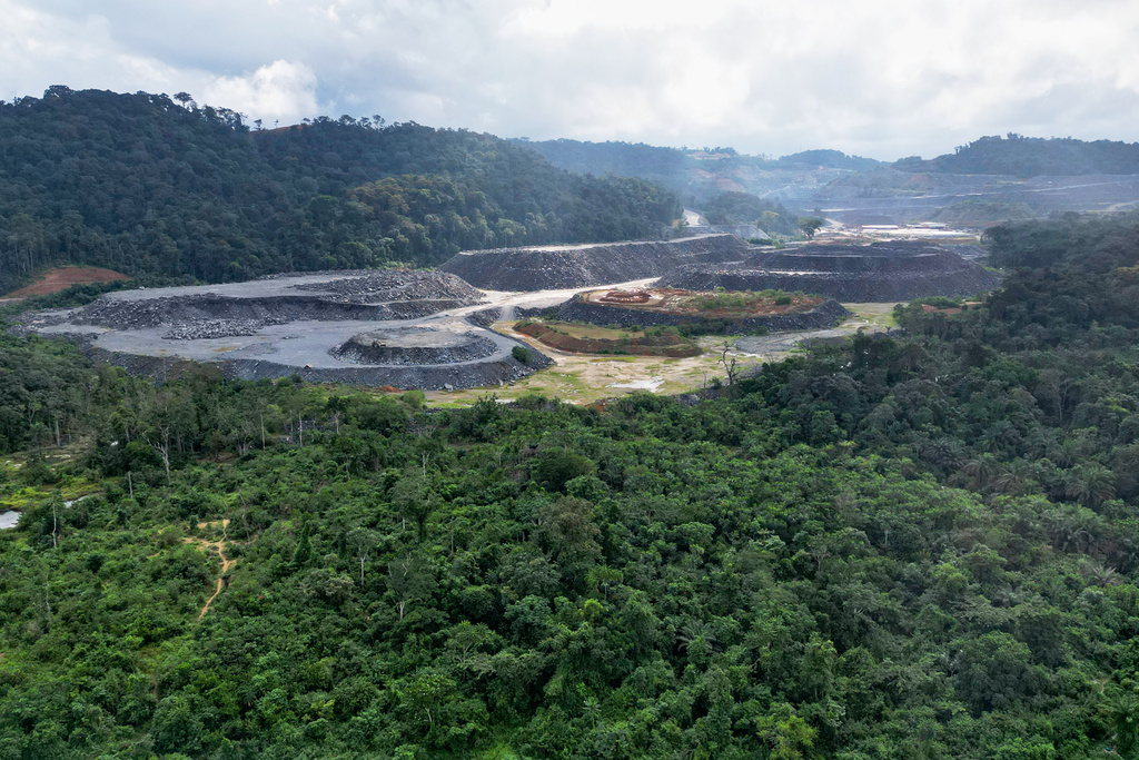 An aerial view shows the Bea Mountain's N'dablama mine site in Gold Camp, Liberia, July 8, 2025. (AP Photo/Misper Apawu)