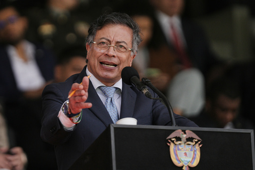 Colombian President Gustavo Petro speaks during the swearing-in ceremony of Gen. William Rincon as the new national police director in Bogota, Colombia, Friday, Oct. 24, 2025. (AP Photo/Ivan Valencia) Colombian President Gustavo Petro speaks during the swearing-in ceremony of Gen. William Rincon as the new national police director in Bogota, Colombia, Friday, Oct. 24, 2025. (AP Photo/Ivan Valencia)
