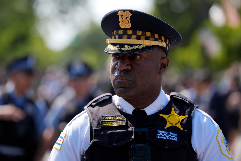 FILE - Chicago Police Superintendent Larry Snelling watches a march to the Democratic National Convention Monday, Aug. 19, 2024, in Chicago. (AP Photo/Alex Brandon,File)