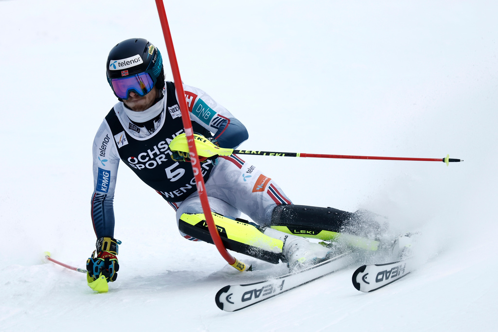 Norway's Atle Lie McGrath competes in an alpine ski, men's World Cup slalom, in Wengen, Switzerland, Sunday, Jan. 18, 2026. (AP Photo/Gabriele Facciott)