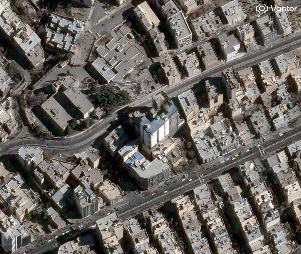 This satellite image provided by Vantor shows damage to Gandhi Hospital after airstrikes, in Tehran, Iran, Tuesday, March 3, 2026. (Satellite image ©2026 Vantor via AP)