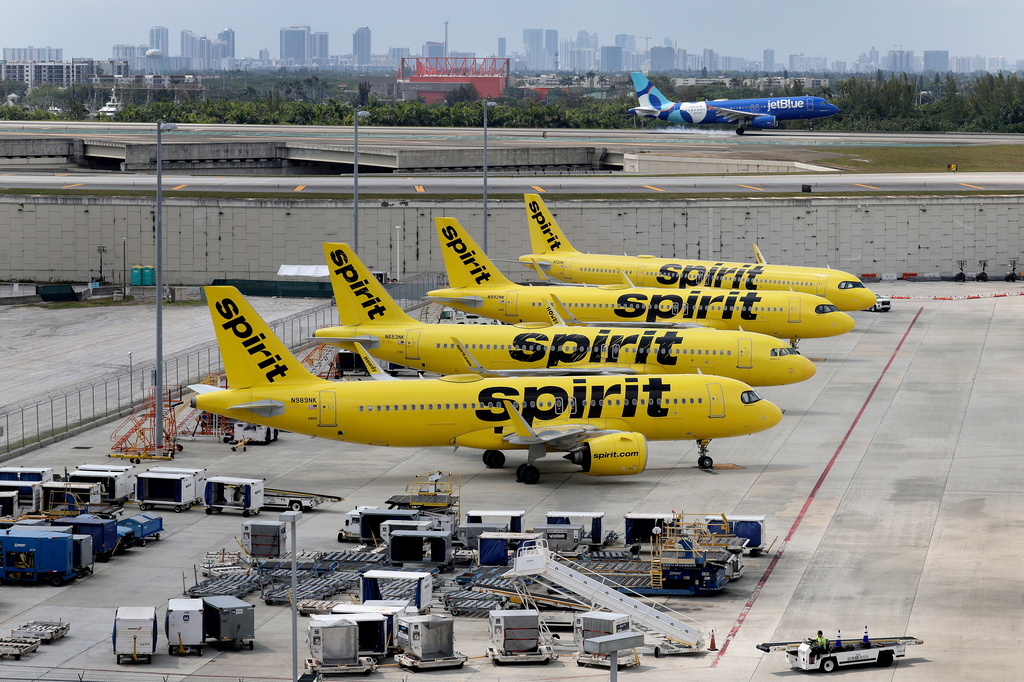Spirit Airlines planes are grounded at Fort Lauderdale-Hollywood International Airport after flights were cancelled on Saturday, May 2, 2026. (Mike Stocker /South Florida Sun-Sentinel via AP)