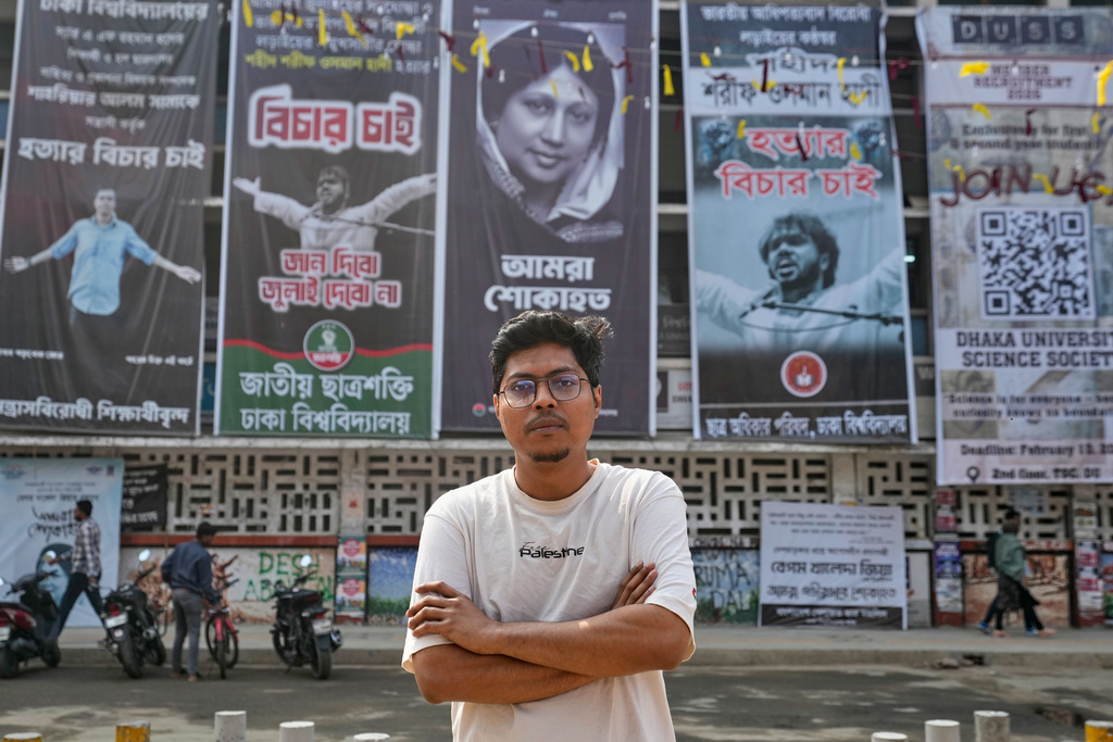 Rajit Hasan, 28, talks to The Associated Press in Dhaka, Bangladesh, Sunday, Feb. 8, 2026. (AP Photo/Anupam Nath)