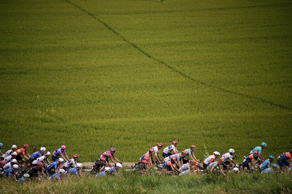 France's Paul Magnier, cyclamen jersey in the middle of the pack, during Stage 9 of the Giro d'Italia cycling race, from Cervia to Corrno alle Scale, Italy, Sunday May 17, 2026. (Marco Alpozzi/LaPresse via AP)