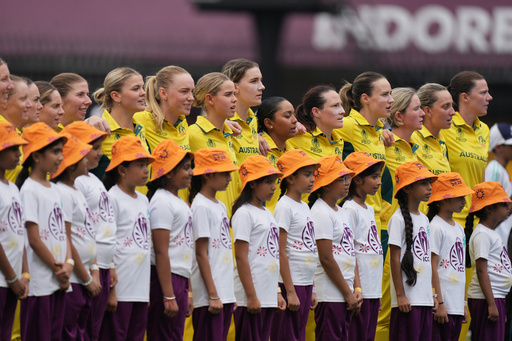 Australia's players stands for national anthem during the ICC Women's Cricket World Cup match between Australia and South Africa in Indore, India, Saturday, Oct. 25, 2025. (AP Photo/Ajit Solanki) Australia's players stands for national anthem during the ICC Women's Cricket World Cup match between Australia and South Africa in Indore, India, Saturday, Oct. 25, 2025. (AP Photo/Ajit Solanki)
