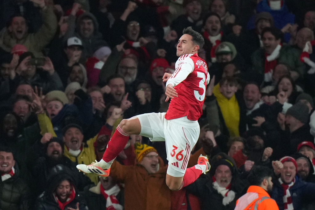 Arsenal's Martin Zubimendi celebrates after scoring his side's second goal during the English Premier League soccer match between Arsenal and Aston Villa in London, Tuesday, Dec. 30, 2025. (AP photo/Alastair Grant)