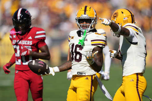 Arizona State wide receiver Jaren Hamilton (16) reacts after making a catch against Texas Tech in the first half of an NCAA college football game, Saturday, Oct. 18, 2025, in Tempe, Ariz. (AP Photo/Rick Scuteri) Arizona State wide receiver Jaren Hamilton (16) reacts after making a catch against Texas Tech in the first half of an NCAA college football game, Saturday, Oct. 18, 2025, in Tempe, Ariz. (AP Photo/Rick Scuteri)