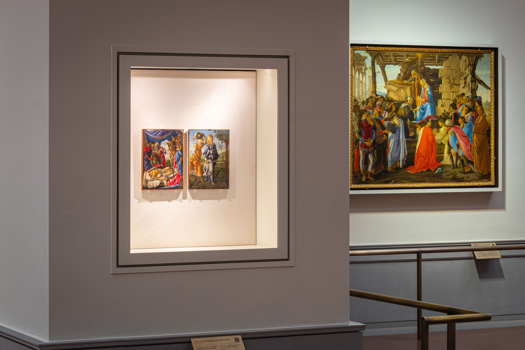 This picture made available Tuesday, June 16, 2026 shows the renovated and refurbished Botticelli rooms, with Renaissance master Sandro Botticelli's paintings: from left, "The discovery of the body of Holofernes", " The return of Judith to Bethulia" and "The adoration of the Magi" displayed at Florence's Uffizi Galleries, Italy. (Press Office of the Uffizi Gallery Museum via AP)