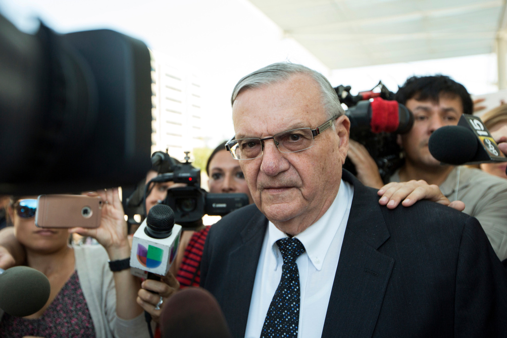 FILE - Former Sheriff Joe Arpaio leaves the federal courthouse in Phoenix, July 6, 2017. (AP Photo/Angie Wang, File)