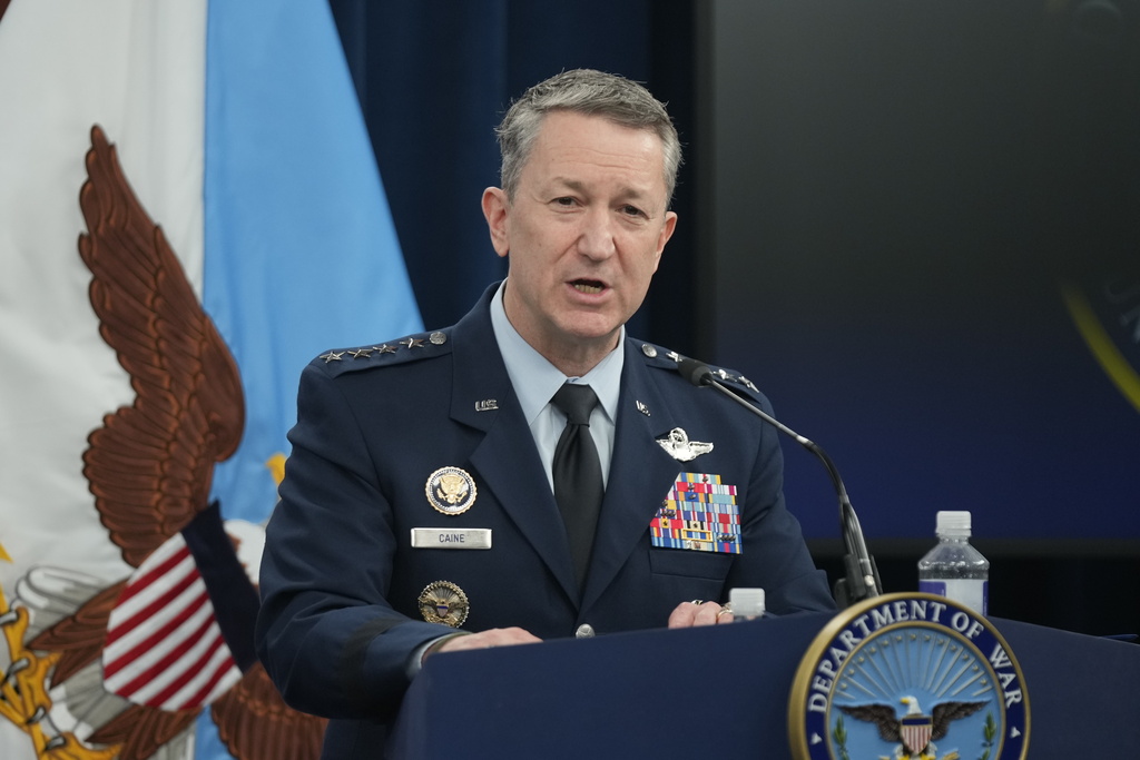 Chairman of the Joint Chiefs of Staff Gen. Dan Caine speak during a press briefing at the Pentagon, Monday, March 2, 2026, in Washington. (AP Photo/Mark Schiefelbein)