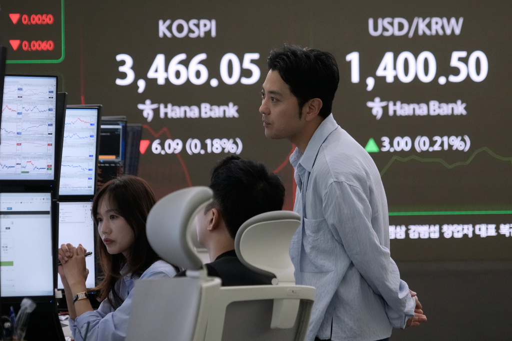 Currency traders watch monitors near a screen showing the Korea Composite Stock Price Index (KOSPI) and the foreign exchange rate between U.S. dollar and South Korean won, right, at the foreign exchange dealing room of the Hana Bank headquarters in Seoul, South Korea, Thursday, Sept. 25, 2025. (AP Photo/Ahn Young-joon)