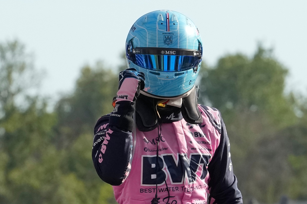 Alpine driver Pierre Gasly of France celebrates his pole position after the qualifying session ahead of the Italian Formula One Grand Prix, in Monza, Italy, Saturday, Sept. 5, 2026. (AP Photo/Luca Bruno)