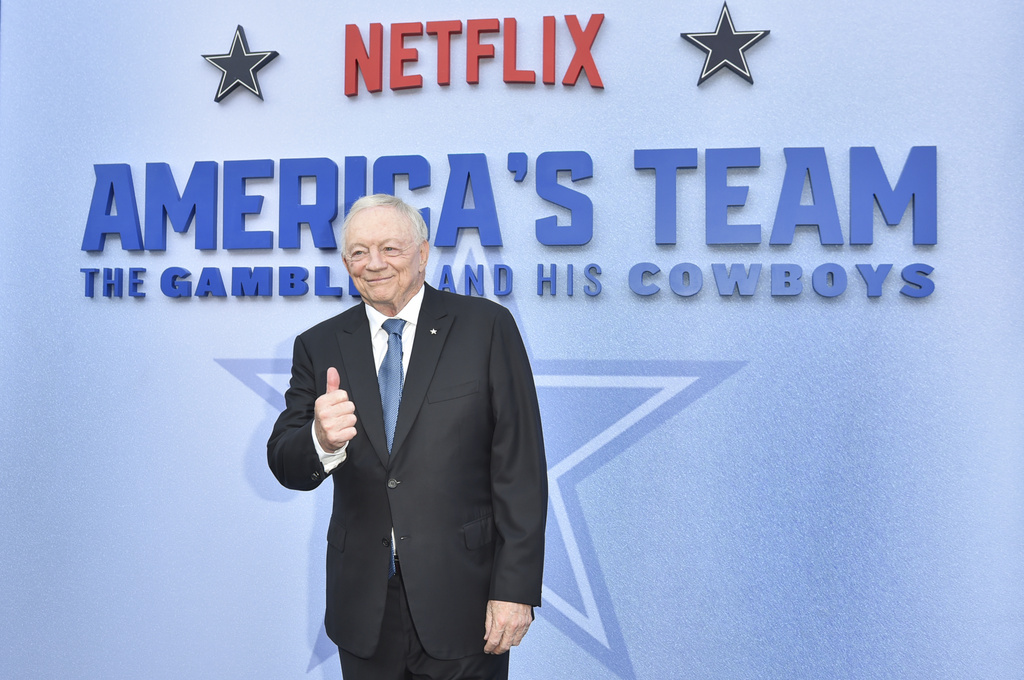 Jerry Jones arrives at the premiere of "America's Team: The Gambler and His Cowboys" on Monday, Aug. 11, 2025, at The Egyptian Theatre in Los Angeles. (Photo by Richard Shotwell/Invision/AP)