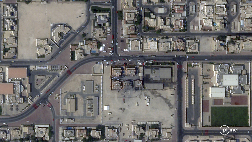 This satellite image from Planet Labs PBC taken on Wednesday, Sept. 10, 2025 shows damage after an Israeli strike targeted a compound that hosted Hamas' political leadership in Doha, Qatar, Tuesday. (Planet Labs PBC via AP)