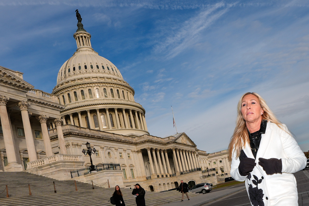 Rep. Marjorie Taylor Greene, R-Ga., arrives to a news conference on the Epstein Files Transparency Act, Tuesday, Nov. 18, 2025, outside the U.S. Capitol in Washington. (AP Photo/Julia Demaree Nikhinson)