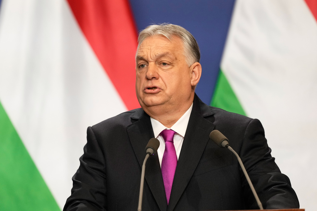 Hungary's Prime Minister Viktor Orban speaks during a news conference with U.S. Secretary of State Marco Rubio in Budapest, Hungary, Monday, Feb. 16, 2026. (AP Photo/Alex Brandon, Pool)