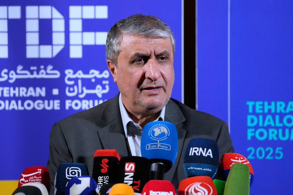 FILE - Head of Iran's Atomic Energy Organization Mohammad Eslami speaks at a news briefing in Tehran, Iran, Nov. 16, 2025. (AP Photo/Vahid Salemi, File)