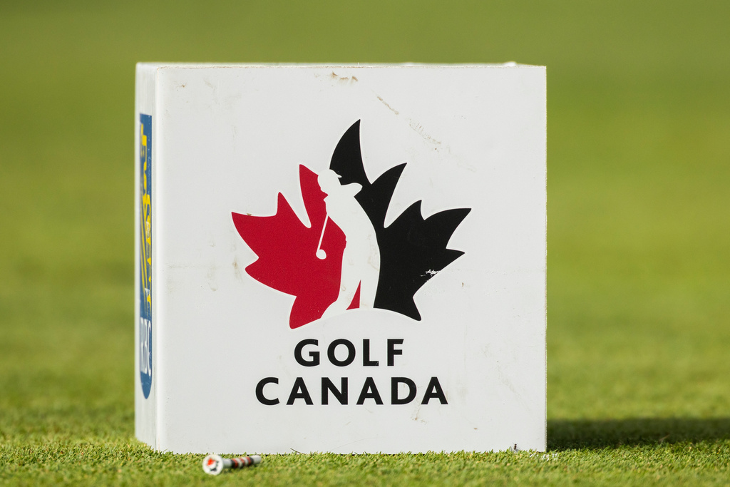 The Golf Canada logo is seen on the tee box during the second round of the RBC Canadian Open in Caledon, Ontario, on Friday, June 12, 2026. (Nick Iwanyshyn/The Canadian Press via AP)