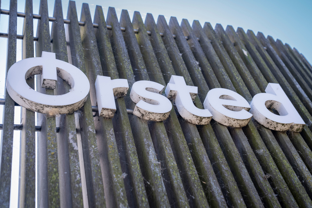 FILE - The logo for the Danish company Orsted is displayed on the exterior of the Avedore Power Station in Hvidovre, Copenhagen, Aug. 19, 2025. (Sebastian Elias Uth/Ritzau Scanpix via AP, File)