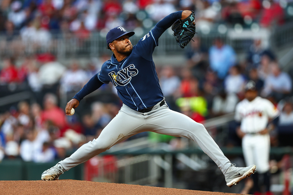 Tampa Bay Rays starting pitcher Freddy Peralta delivers in the first inning of a baseball game against the Atlanta Braves, Tuesday, Sept. 8, 2026, in Atlanta. (AP Photo/Colin Hubbard)