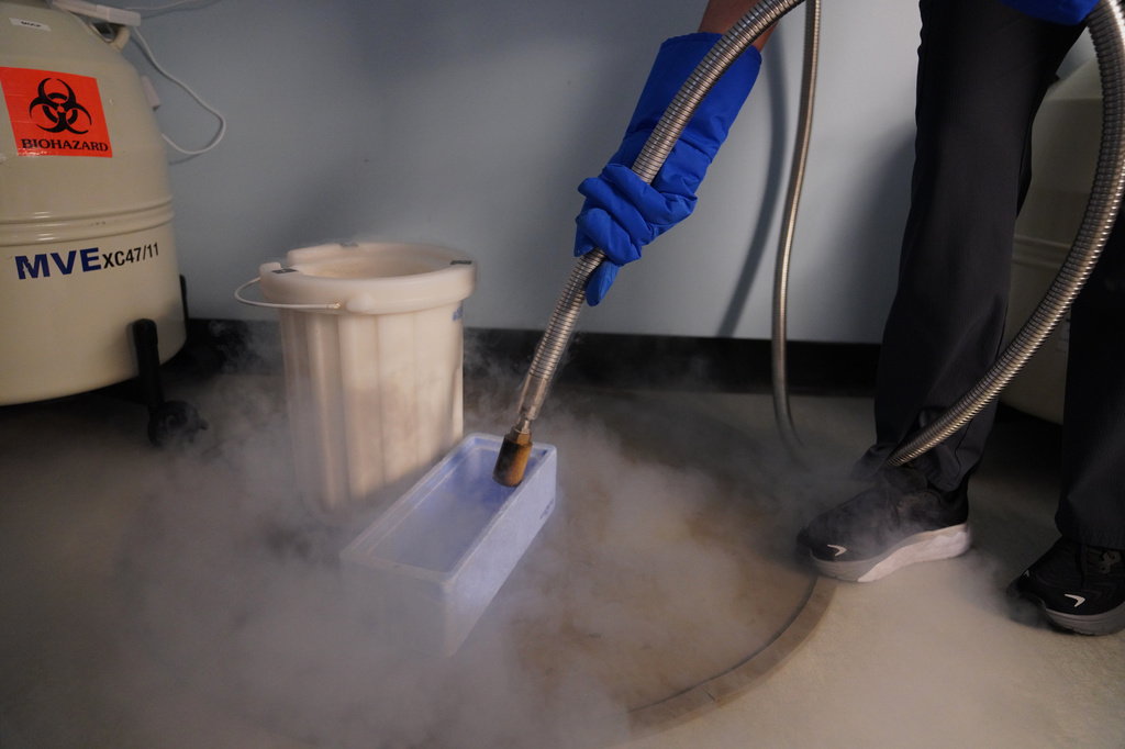 Sarah Atkinson, senior embryologist and lab supervisor at Rejoice Fertility, fills a container with liquid nitrogen while preparing for an embryo transfer, Jan. 11, 2026, at Rejoice Fertility in Knoxville, Tenn. (AP Photo/Jessie Wardarski)
