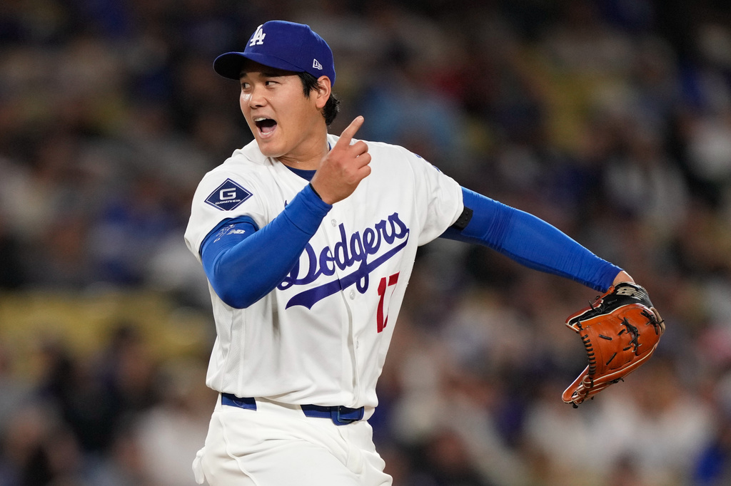 Los Angeles Dodgers starting pitcher Shohei Ohtani reacts after striking out Miami Marlins' Agustin Ramirez during the fifth inning of a baseball game Tuesday, April 28, 2026, in Los Angeles. (AP Photo/Mark J. Terrill)