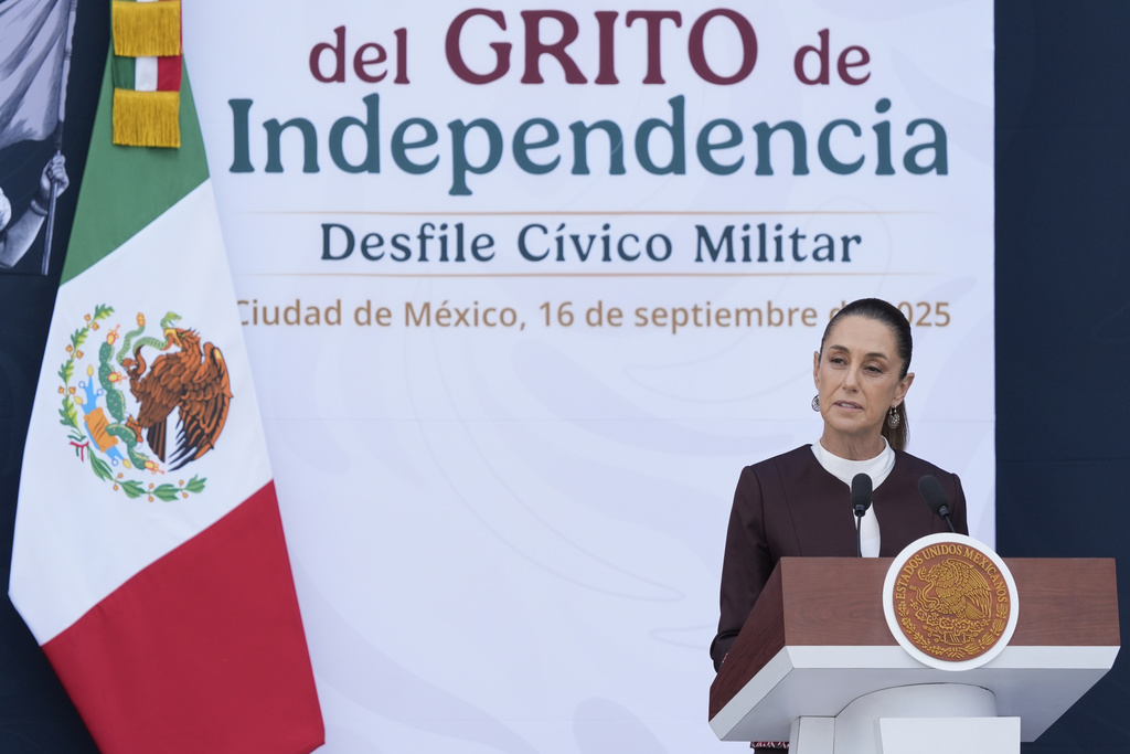 President Claudia Sheinbaum speaks at the annual Independence Day military parade, in Mexico City, Tuesday, Sept. 16, 2025. (AP Photo/Fernando Llano)