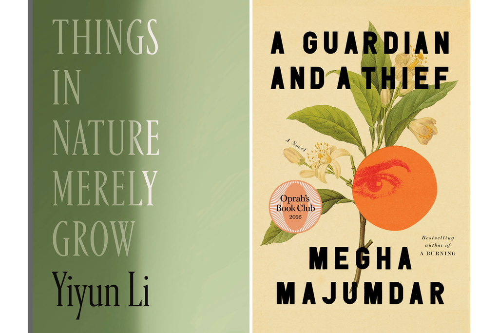 This combination of cover images shows "Things in Nature Merely Grow," left, and "A Guardian and a Thief" by Megha Majumdar. (Farrar, Straus and Giroux/Knopf via AP)
