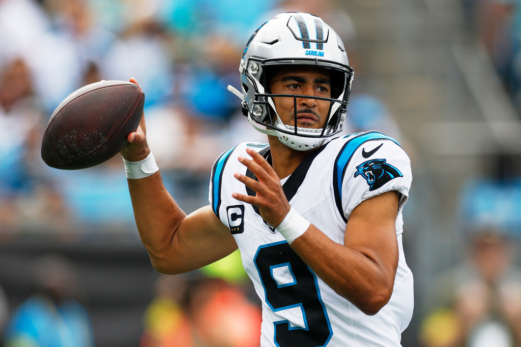 Carolina Panthers quarterback Bryce Young passes against the Miami Dolphins during the second half of an NFL football game, Sunday, Oct. 5, 2025, in Charlotte, N.C. (AP Photo/Rusty Jones)