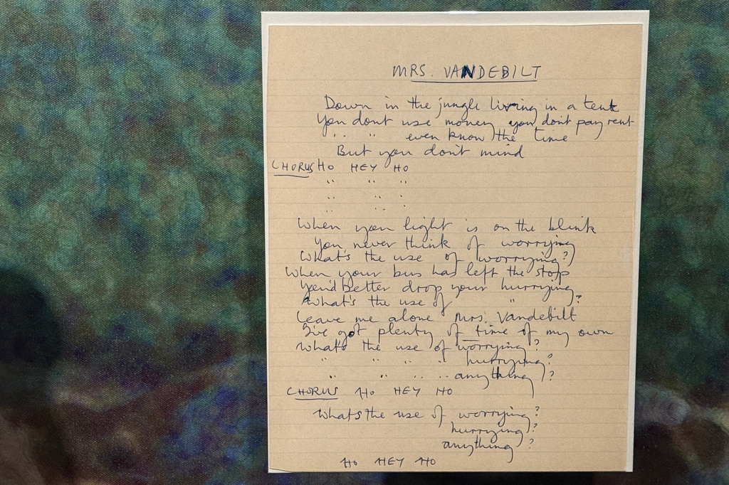 A picture of handwritten lyrics inside the Paul McCartney and WINGS exhibit at the Rock Roll Hall of Fame on Thursday, May 14, 2026, in Cleveland, Ohio. (AP Photo/Patrick Aftoora-Orsagos)