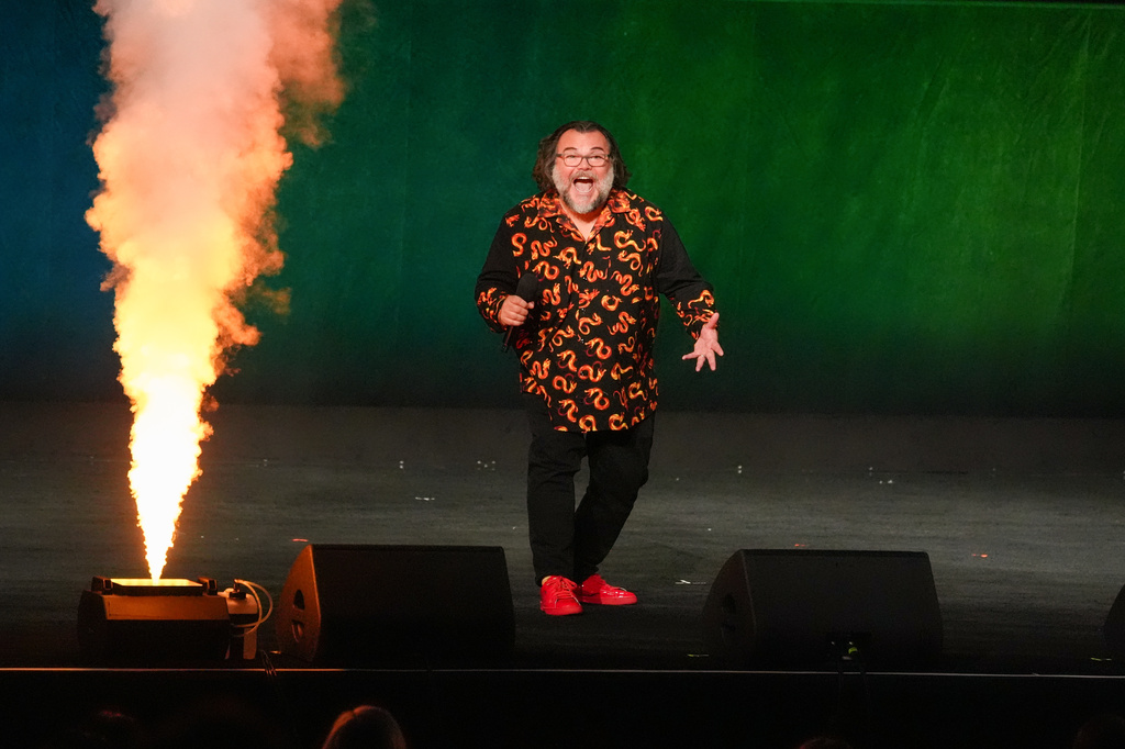 Cast member Jack Black of the upcoming film "The Super Mario Galaxy Movie" speaks during the Universal Pictures and Focus Features presentation at CinemaCon on Wednesday, April 15, 2026, at Caesars Palace in Las Vegas. (AP Photo/Chris Pizzello)