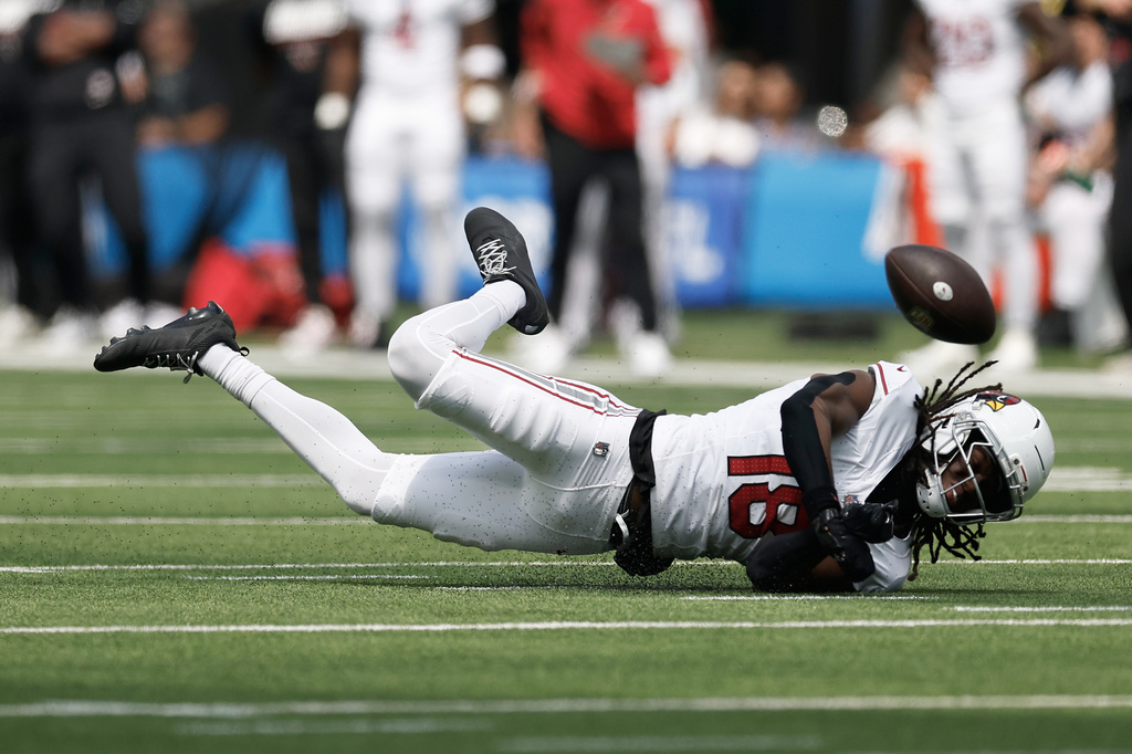 Arizona Cardinals wide receiver Marvin Harrison Jr. (18) cannot catch a pass against the Los Angeles Chargers during the first half of an NFL football game, Sunday, Sept. 13, 2026, in Inglewood, Calif. (AP Photo/Caroline Brehman)
