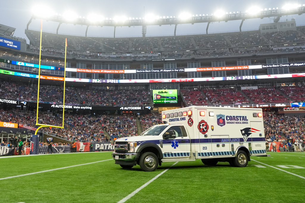 Philadelphia Eagles' Ja'Quinden Jackson is taken away in an ambulance after an injury against the New England Patriots during the first half of an NFL preseason football game, Saturday, Aug. 22, 2026, in Foxborough, Mass. (AP Photo/Robert F. Bukaty)