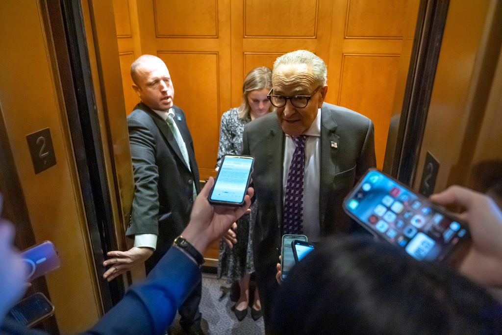 Senate Minority Leader Chuck Schumer, of N.Y., speaks to reporters at the Capitol on Wednesday, Oct. 1, 2025, in Washington. (AP Photo/Mark Schiefelbein)