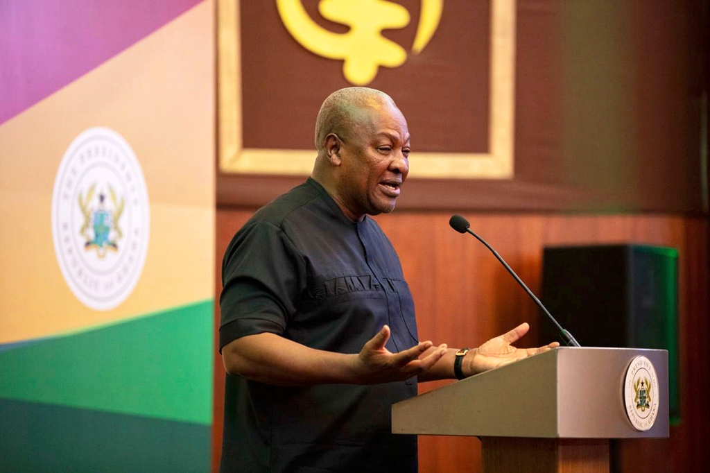 FILE - Ghana's President John Mahama speaks to the media at the Jubilee House in Accra, Ghana, Sept. 10, 2025. (Ghana Presidency via AP, File)