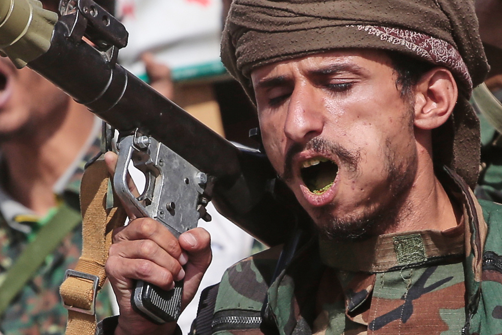A Yemen's Houthi rebel chews Qat as he marches during a mobilization campaign in Sanaa, Yemen, Thursday, Sept. 10, 2026. (AP Photo)