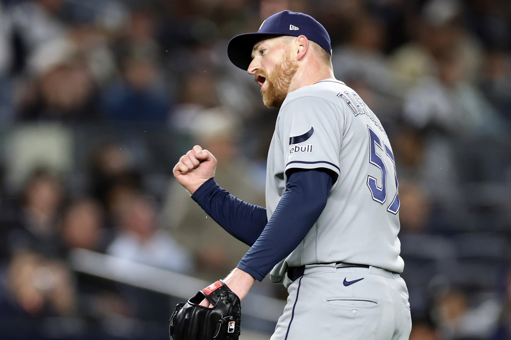 Tampa Bay Rays pitcher Drew Rasmussen reacts after the final out in the sixth inning during the second baseball game of a doubleheader against the New York Yankees, Tuesday, Sept. 22, 2026, in New York. (AP Photo/Adam Hunger)