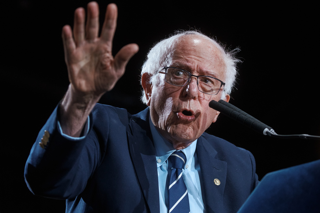 Rep. Bernie Sanders, I-Vt., speaks during an address marking New York City Mayor Zohran Mamdani first 100 days in office at the Knockdown Center, Sunday, April 12, 2026, in New York. (AP Photo/Andres Kudacki)