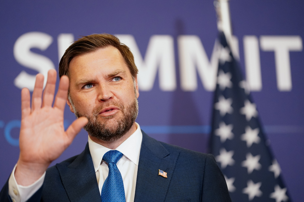 U.S. Vice President JD Vance, gestures as he meets with Pakistan's Prime Minister Shehbaz Sharif, during high-level talks aimed at advancing a deal to end the Middle East conflict, at the Bürgenstock Resort in Obbuergen, near Lucerne, in Switzerland, Sunday, June 21, 2026. (Nathan Howard/Pool Photo via AP)