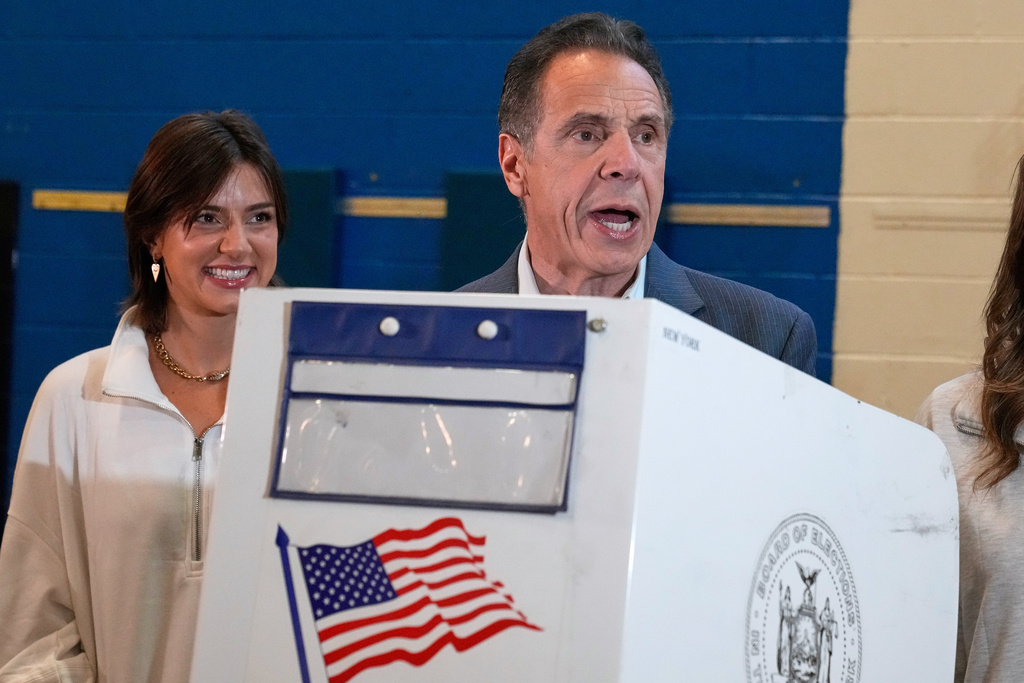 New York mayoral candidate Andrew Cuomo makes a comment as he marks his ballot in New York, Tuesday, Nov. 4, 2025. (AP Photo/Richard Drew)