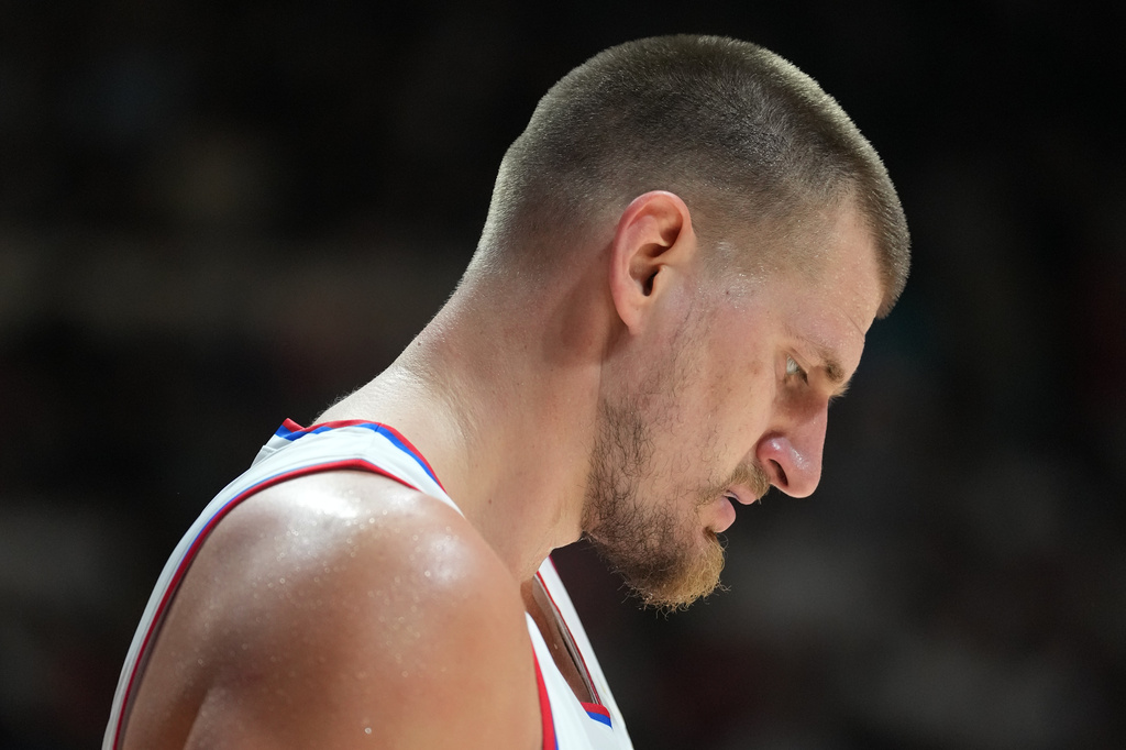 Serbia's Nikola Jokic reacts during their FIBA Basketball World Cup 2027 European qualifiers match between Serbia and Bosnia, in Belgrade, Serbia, Monday, July 6, 2026. (AP Photo/Darko Vojinovic)