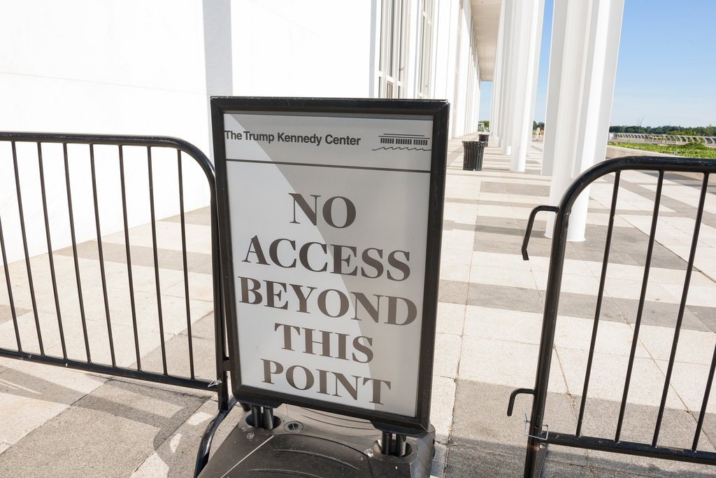 A sign on the patio overlooking the Potomac River at The John F. Kennedy Center for Performing Arts, in Washington, Friday, May 29, 2026. (AP Photo/Cliff Owen)