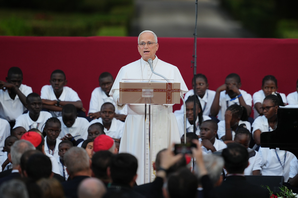 Pope Leo XIV speaks as he attends the "Canticle of Peace" prayer and fraternity meeting at Borgo Laudato Si' in Castel Gandolfo, about 30 kilometers (19 miles) southwest of Rome, Italy, Wednesday, July 29, 2026. (AP Photo/Alessandra Tarantino)