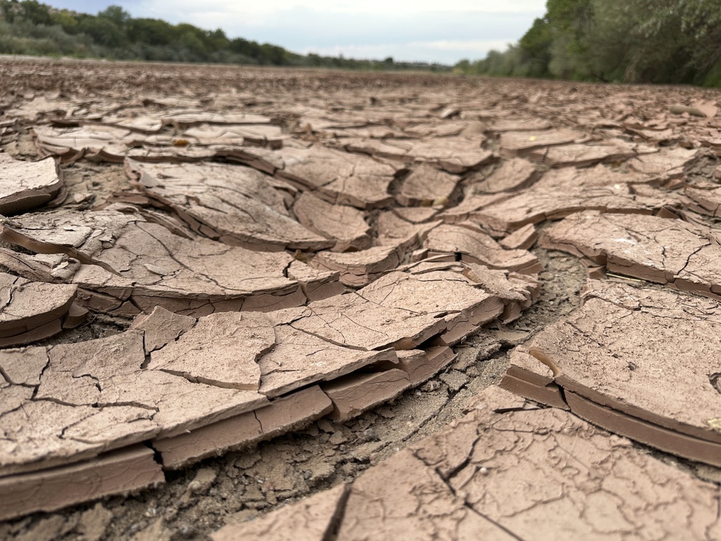Cracked, dry mud makes up the riverbed of the Rio Grande in Albuquerque, N.M., on Thursday, Aug. 21, 2025. (AP Photo/Susan Montoya Bryan)