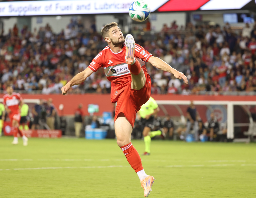 Chicago Fire forward Hugo Cuypers kicks the ball in bounds during the first half of an MLS soccer match against Toronto FC, Saturday, Oct. 4, 2025, in Chicago. (AP Photo/Talia Sprague)