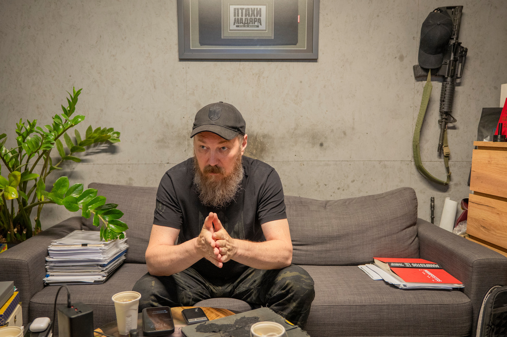 Maj. Robert "Magyar" Brovdi speaks during an interview with The Associated Press in an undisclosed location in Ukraine on Friday, Aug. 7, 2026. (AP Photo/Dan Bashakov)