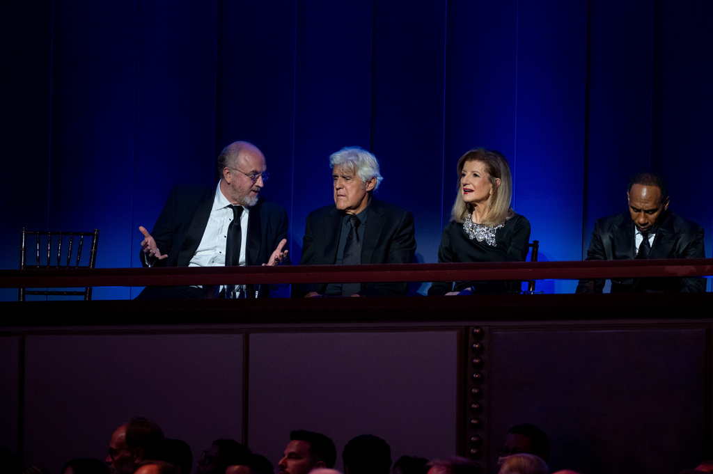 From left, Louis C.K., Jay Leno, Arianna Huffington, and Stephen A. Smith, wait for the start of the 27th Annual Mark Twain Prize for American Humor Celebrating Bill Maher, Sunday, June 29, 2026, in Washington. (AP Photo/Kevin Wolf)