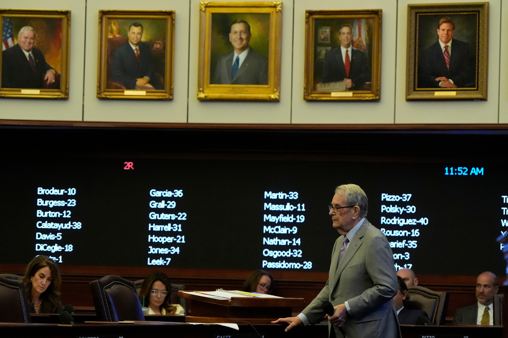 Sen. Donald Gaetz, R-Fla., speaks on the senate floor on SB 8-D, a redistricting bill, during a special session of the Florida Legislature, Wednesday, April 29, 2026, in Tallahassee, Fla. (AP Photo/Mike Stewart)