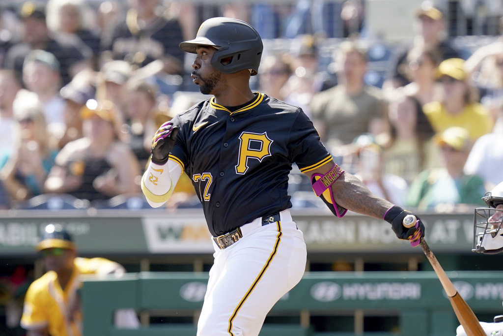 Pittsburgh Pirates' Andrew McCutchen watches his RBI single during the first inning of a baseball game against the Athletics Sunday, Sept. 21, 2025, in Pittsburgh. (AP Photo/Matt Freed)
