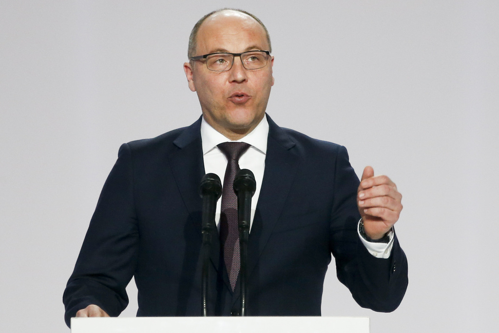 FILE - Ukrainian parliament speaker Andriy Parubiy speaks in Kiev, Ukraine, Tuesday, Jan. 29, 2019. (AP Photo/Efrem Lukatsky, file)